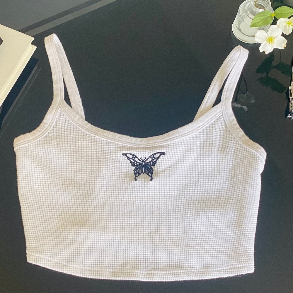 White Cropped Tank with Black Butterfly